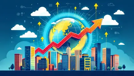 Illustration globe upward trending arrows digital clouds business growth