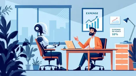 Worried small business owner reviewing rising expense charts robot uk office