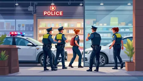 Australian police officers collaborating with store employees capturing suspect inside shop