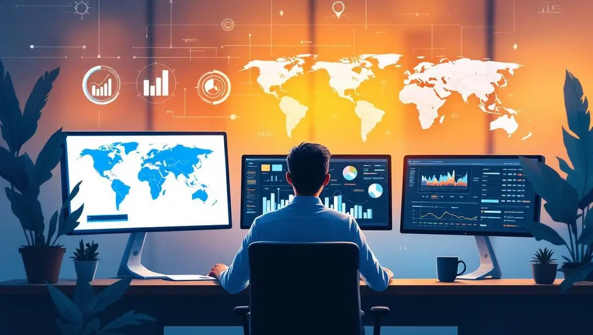 Business analyst reviewing ai driven global market trends on screens