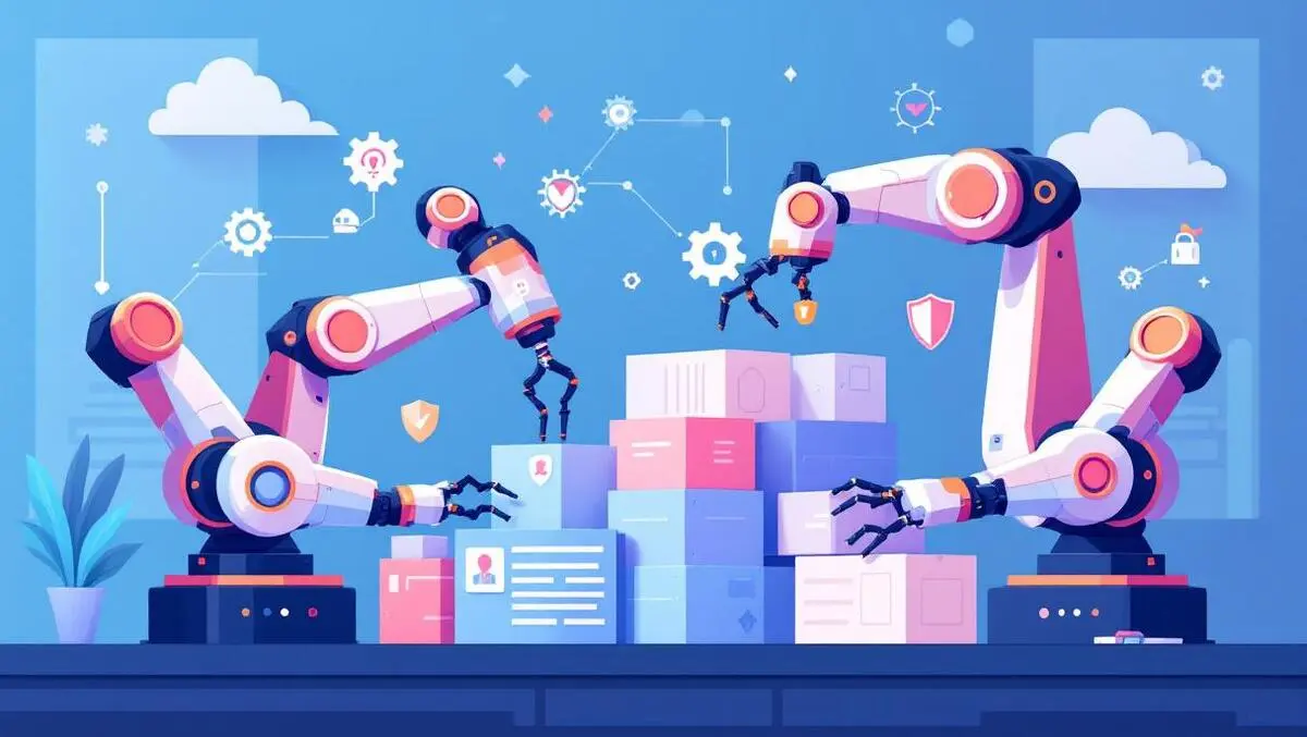 Robotic arms assembling software blocks with security gears clouds tech