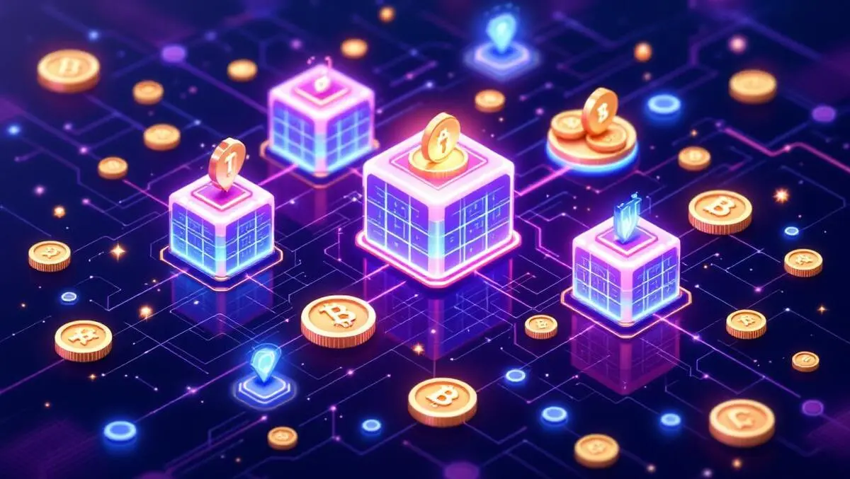 Interconnected digital blocks secure network with stylized coins blockchain growth