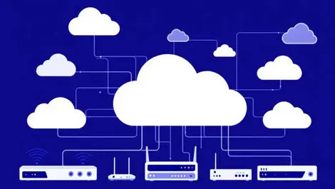 Interconnected cloud shapes network devices routers wireless access points symbolizing automated cloud network management