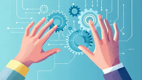 Human hand supervising interconnected gears circuits ai supply chain