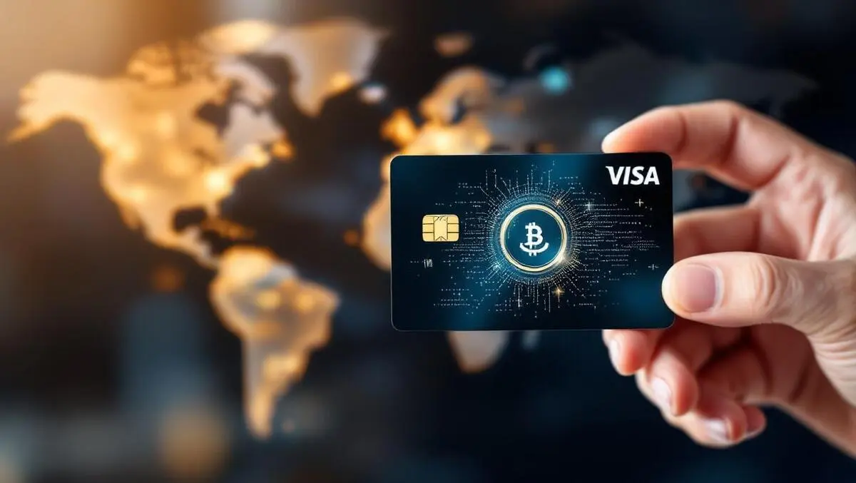 Realistic hand holding visa card digital coin global currency payments