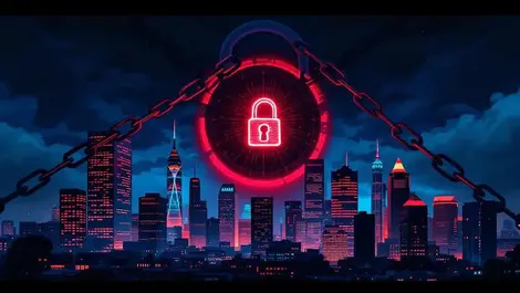 Australian city skyline night ransomware padlock chains stormy sky