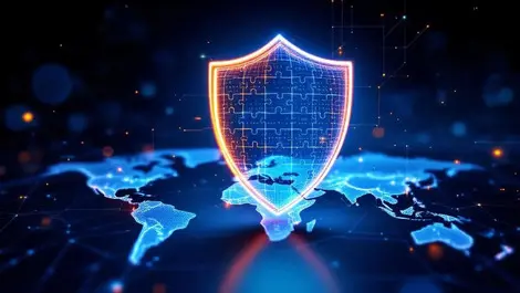 Global cybersecurity puzzle shield over world map regions