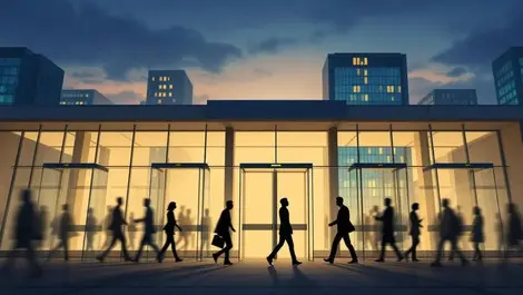 Moody eu bank hq dusk glass facade biometric security checks