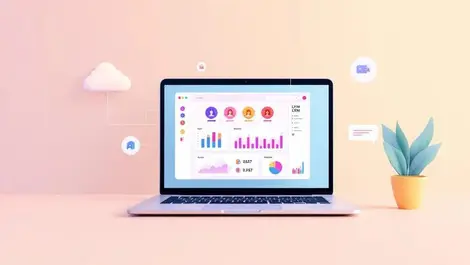 3d laptop dashboard crm charts linked to cloud and ai chat assistant