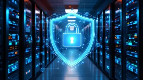 Server room digital shield blocking ransomware files protection