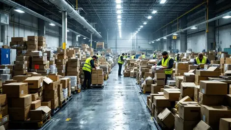 Uk warehouse returns december busy conveyor boxes workers crowded