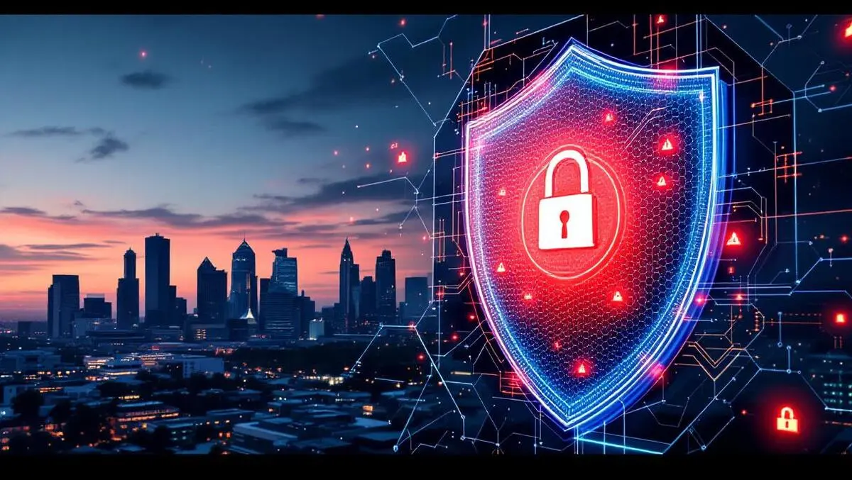 Australian city skyline cybersecurity shield rising cyber attacks
