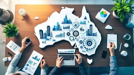 Australian business cost optimisation desk charts gears tech