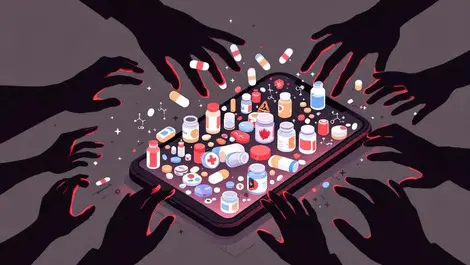Moody phone overflowing pills dark hands unsafe med ads illustration