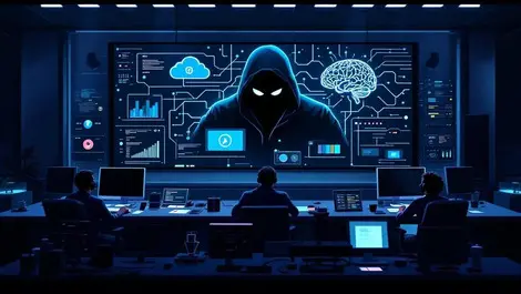 Soc cinematic ai brain morphs to masked hacker cloud tendrils