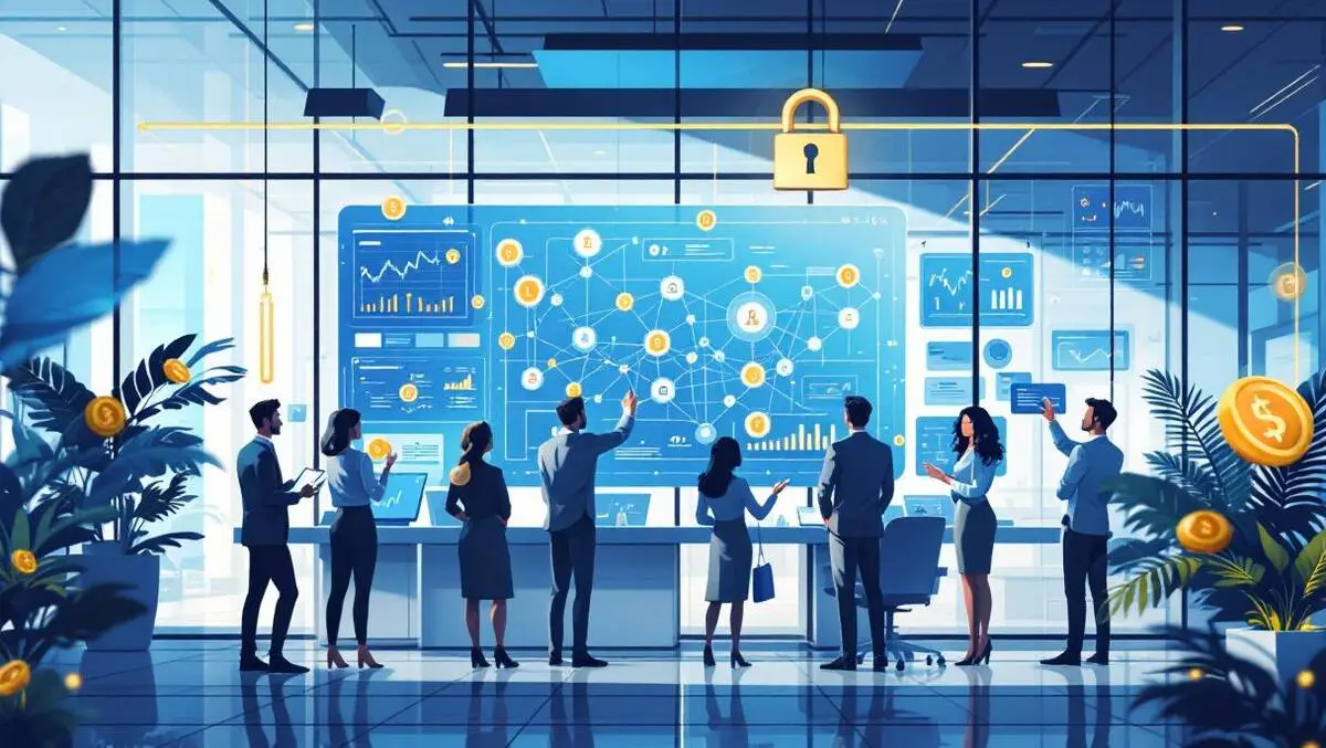 Modern glass bank trading floor digital dashboards privacy nodes