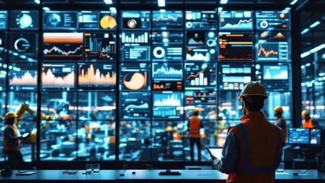 Industrial control room dashboards engineers robotic factory floor