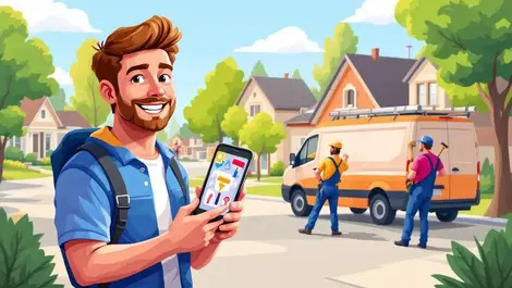 Cheerful person showing local service app on suburban street scene