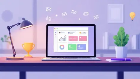 Laptop email dashboard course icons on modern office desk scene