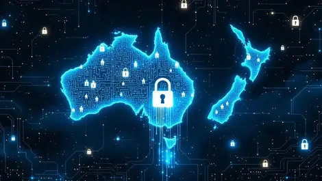 Aus nz cybersecurity map glowing circuits data leak barrier