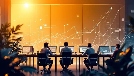 Modern call center team analytics rising data curve smartphone bg