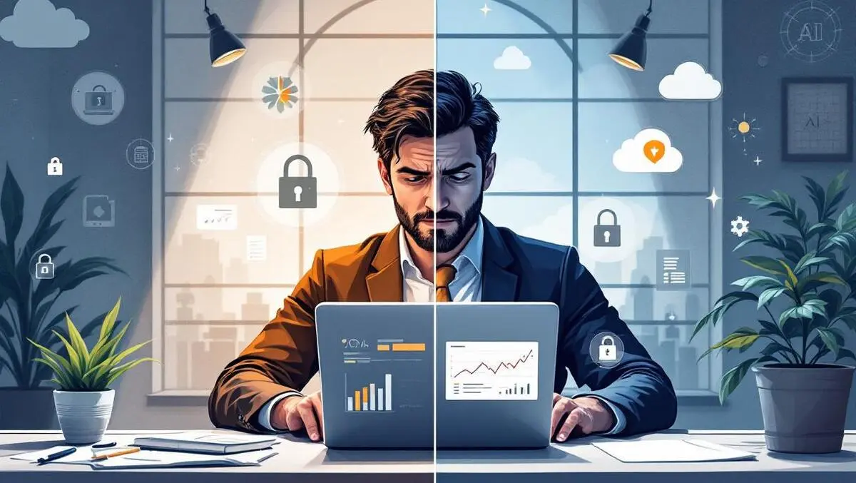 Accountant dual mood ai security dashboards in modern office scene