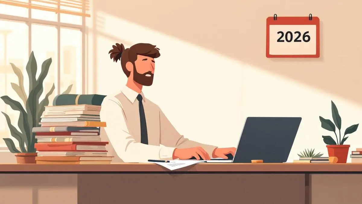 Accountant replacing paper ledgers with modern laptop in 2026 office