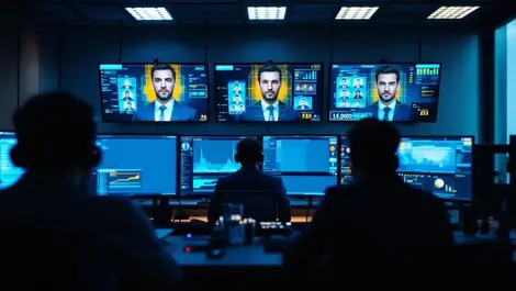 Bank security ops room facial recognition risk monitoring scene