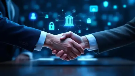 Secure ai partnership life sciences banking hologram icons handshake