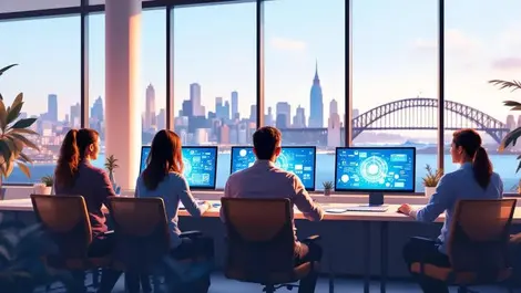 Sydney tech training workshop with ai data screens harbour view