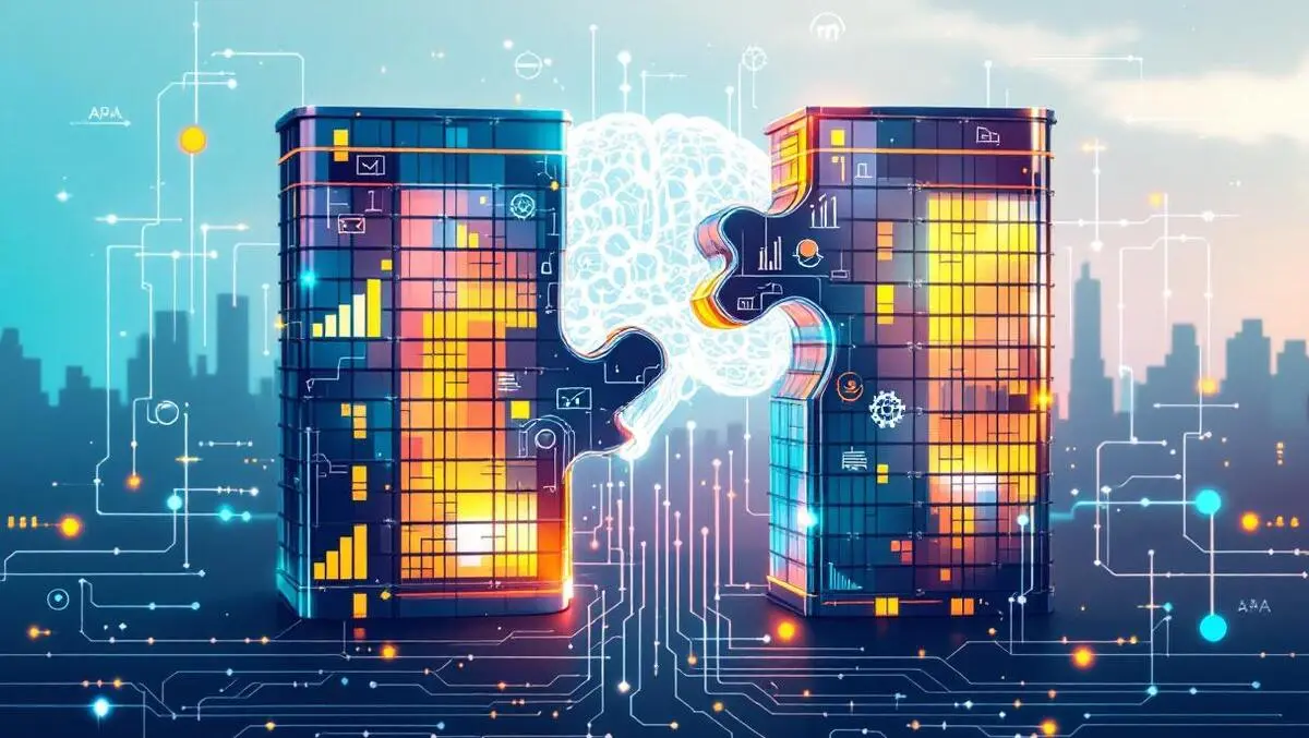 Corporate office buildings merging puzzle gears ai brain illustration