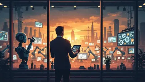 Australian ceo overlooking ai robotic factory floor at dusk scene