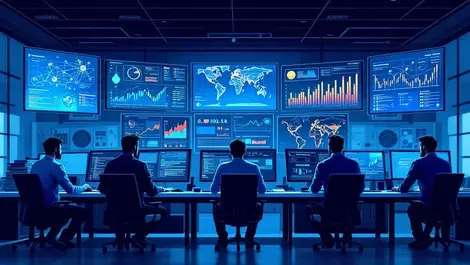 Managed soc analysts threat monitoring network graphs blue tones