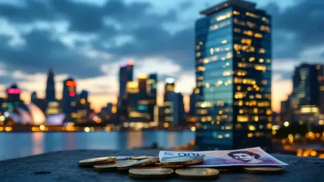 Sydney glass tower dusk fintech boom aud currency foreground
