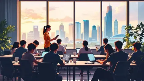 Modern singapore classroom students on laptops teacher guiding view skyline