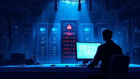 Dim server room windows rack red warning remote access breach