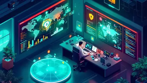 Isometric cybersecurity control room threat dashboard resolution