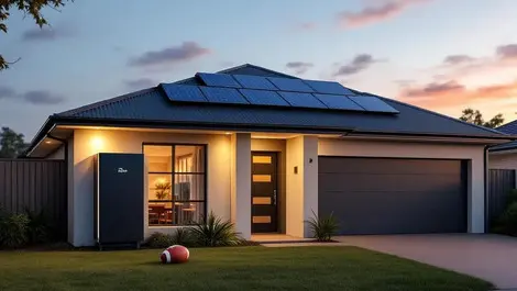 Australian suburban home sunset solar panels battery footy lawn
