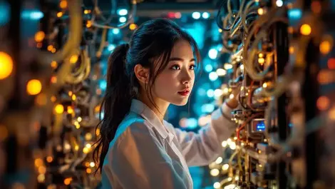 Asian female engineer quantum lab fiber optic cryogenic focus