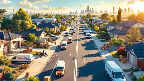 Aerial australian suburb delivery vans bikes parcels afternoon