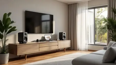 Australian living room home office modern bookshelf speakers tv