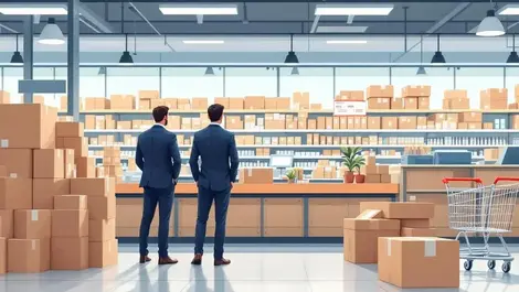 Modern retail executives sparse shelves crowded checkout