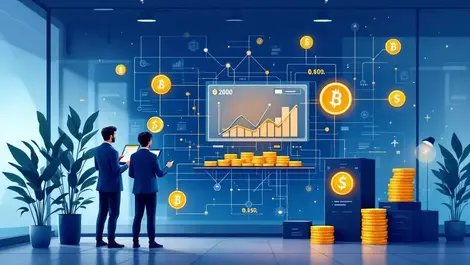 Confidence digital asset marketplace modern office blockchain fintech blue gold illustration